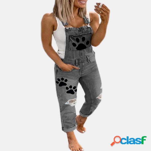 Paw Printed Straps Ripped Demin Mono Para Mujer