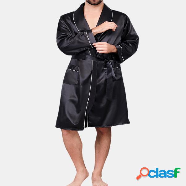 Pijama negro de seda sintética para hombre Túnica Ropa de