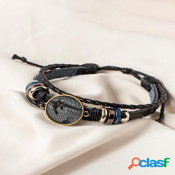 Pulsera de cuero tejida a mano Gato Cabezal de impresión de