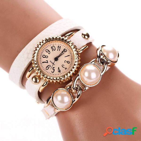 Reloj de pulsera de perlas de moda Reloj de cuero de tres