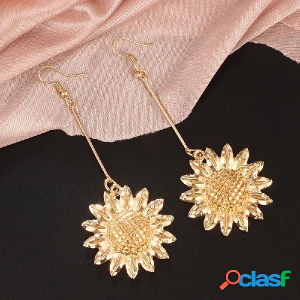 Retro viento frío girasol Pendientes oro de estilo largo