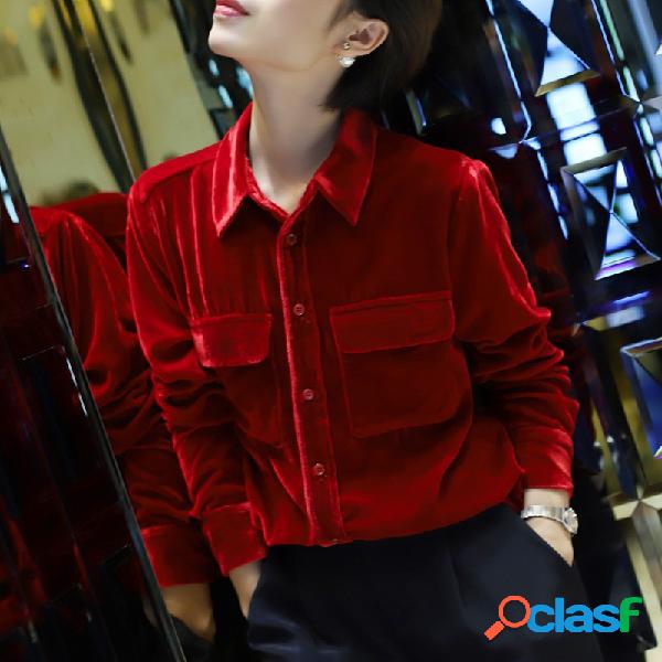 Seda roja Camisa Mujer Guapa Viajero doble bolsillo Suelto