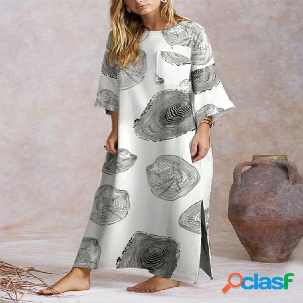 Split Wood Grain Print Manga larga Plus Talla Vestido