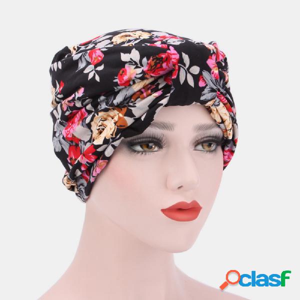 Women Print Forehead Cross Toe Cap Floral Chiffon Beanie Hat