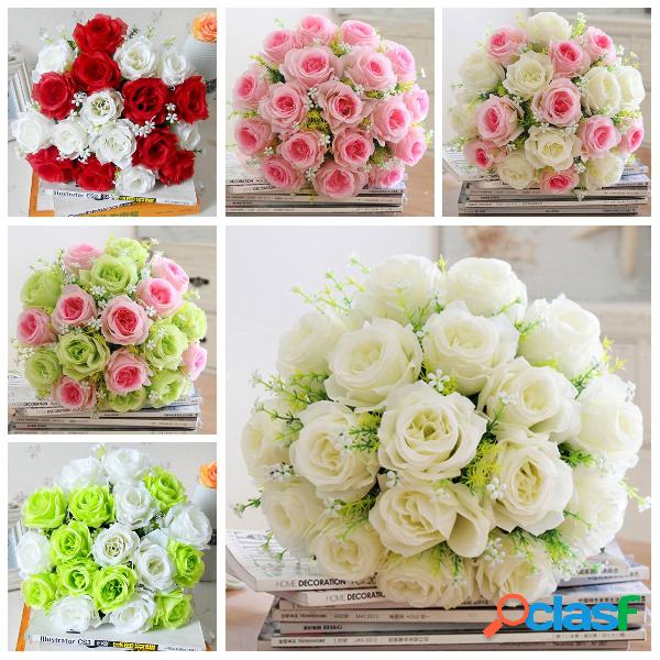 18 cabezas de seda artificial rosa flores Boda novia Bonquet