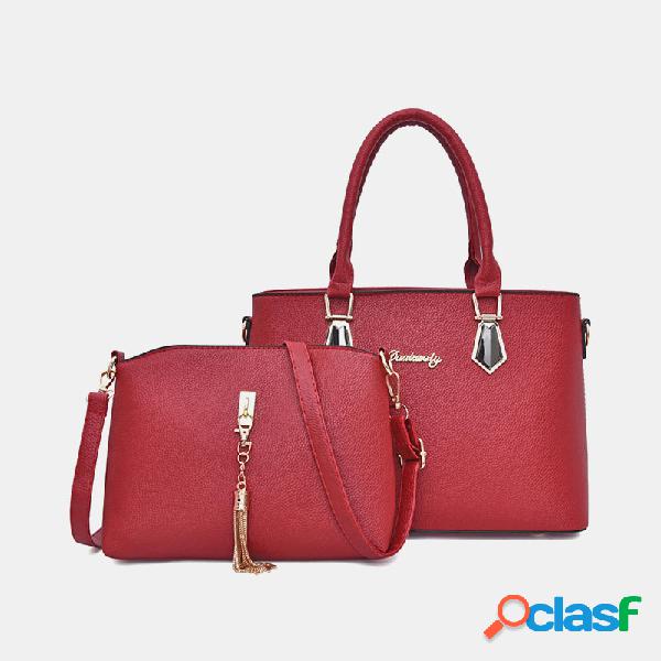 2PCS Women PU Leather Handbag Crossbody Bag Solid Shoulder