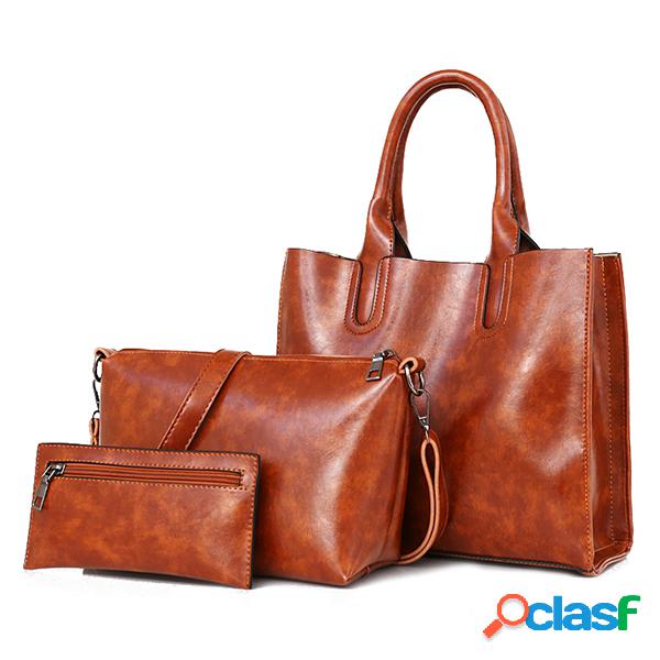 3 PCS Mujer vendimia Bolso de ocio Oil Crossbody de cuero de