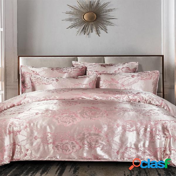 3 piezas Rosa juego de cama de satén floral dormitorio en