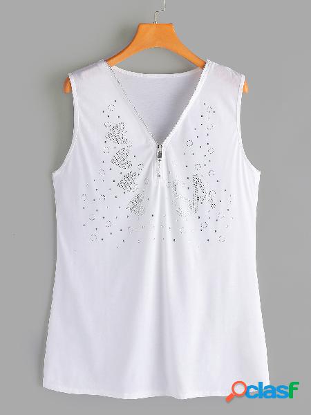 Blanco Zip Front Glitter Detalles Tank Top