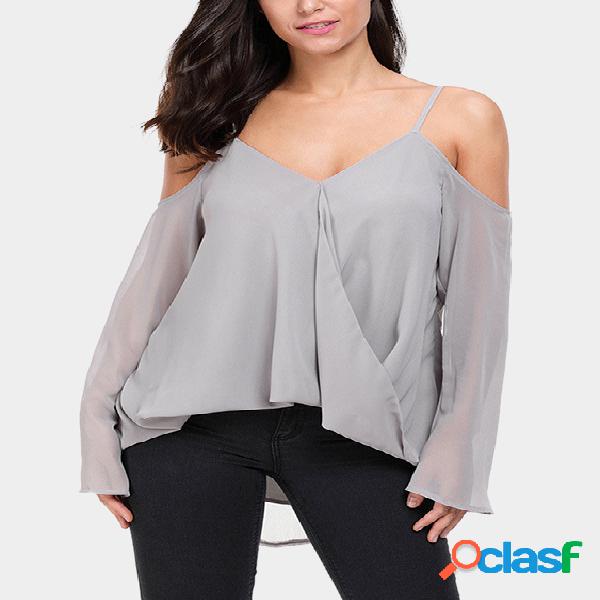 Blusas de mangas largas de hombro liso gris liso