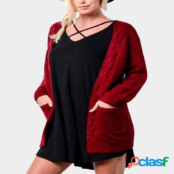 Bolsillos laterales rojos de manga larga de punto cardigan