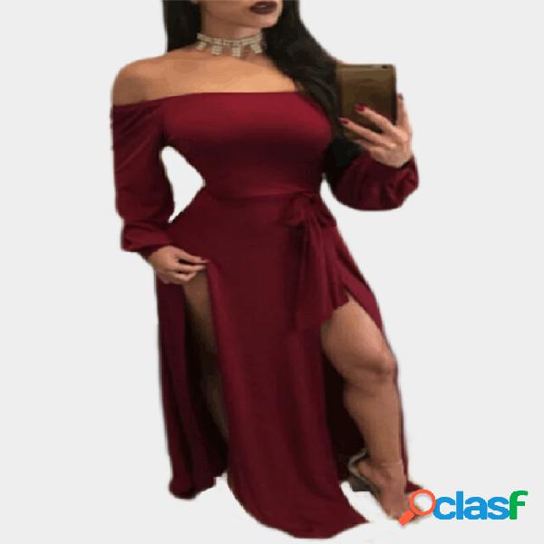 Borgoña Off-The-Shoulder Tie-up Front Slit Hem Maxi vestido