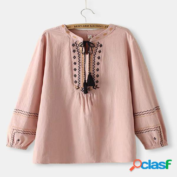 Borla bordada de manga larga más tamaño blusa
