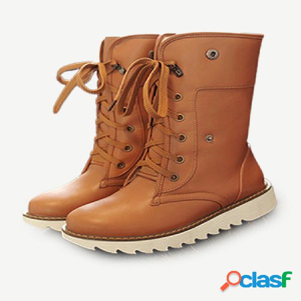 Botas planas forradas de felpa con botones y cordones de