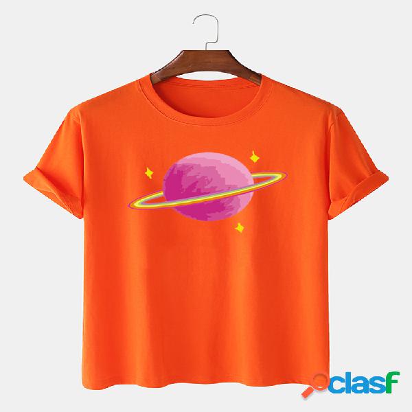 Camiseta casual estampada Planet 100% algodón Rosa para