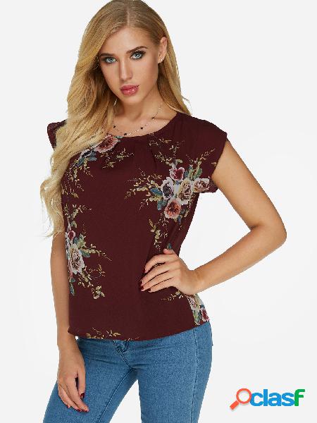 Camiseta con cuello redondo estampado floral borgoña