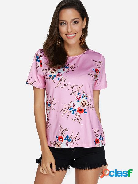 Camiseta con cuello redondo y estampado floral rosa