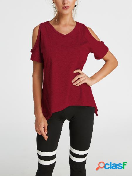 Camiseta de dobladillo irregular de hombro frío de Borgoña