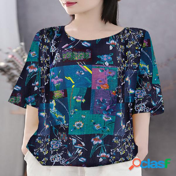 Camiseta de media manga con estampado bohemio Plus Talla