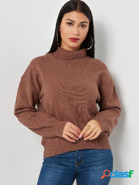 Casual Coffee Plain Roll Neck mangas largas suéteres