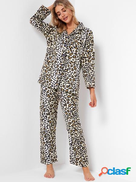Conjunto de mangas largas pijama leopardo collar conjunto