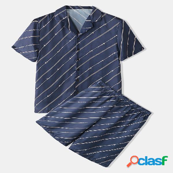 Conjuntos de pijamas de rayas azul marino de dos piezas de