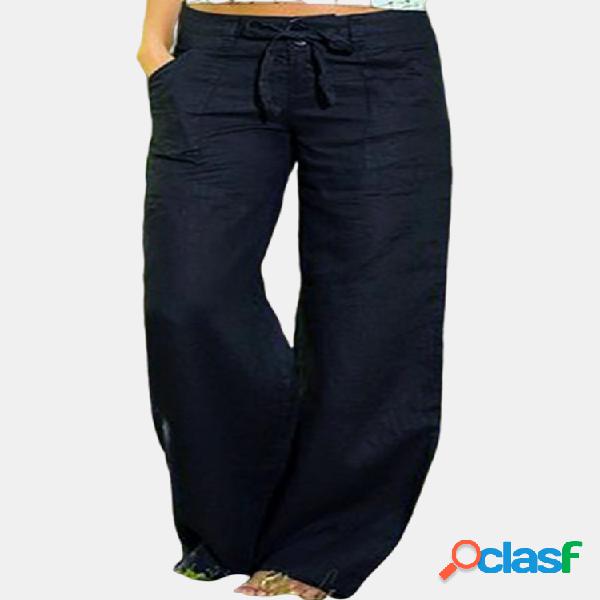 Cordón informal de color sólido Pantalones con bolsillos