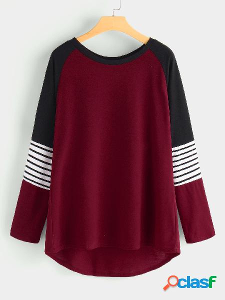 Cuello redondo rojo costura mangas raya top