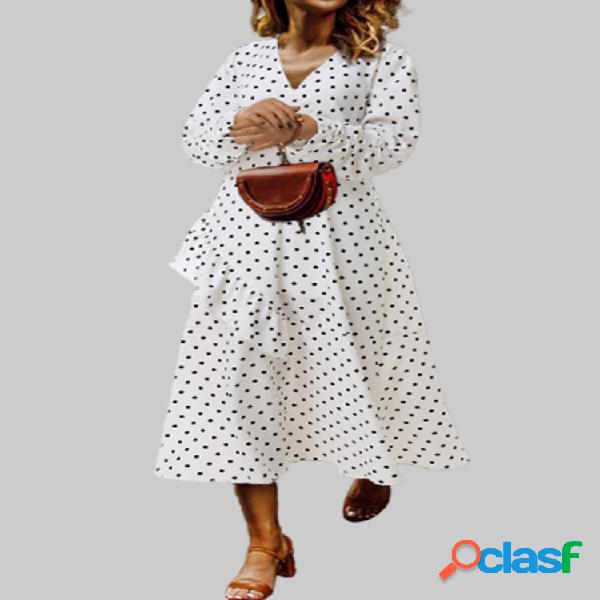 Escote en V Estampado de lunares Línea A Plus Talla Vestido