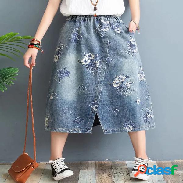 Falda midi recta con estampado floral y cintura elástica