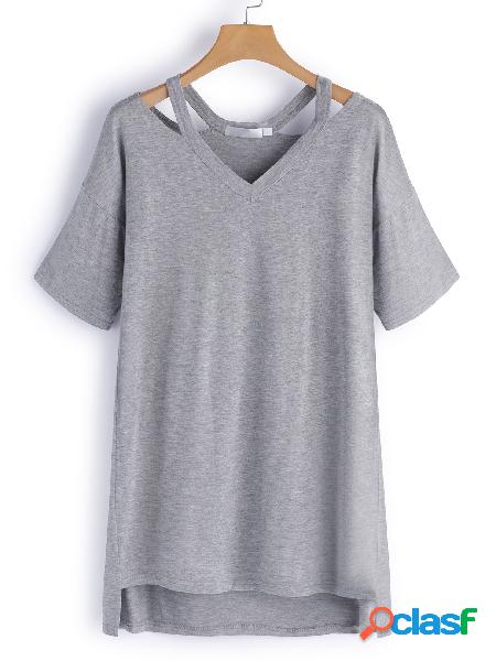 Grey Hollow Out Camisetas con mangas cortas con cuello en v