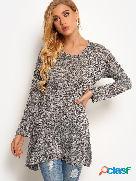 Grey Plain Crew Neck manga larga irregular dobladillo