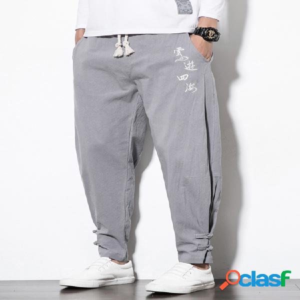 Harem bordado de lino de algodón para hombre Pantalones