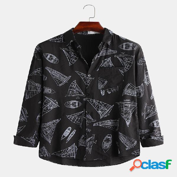 Hombres Sail Print Impreso Easy-Wrinkle Solapa Collar Camisa