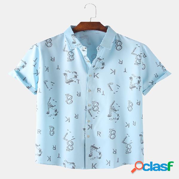 Mens 3D Letters Abstract Print Casual Holiday Solapa Camisa
