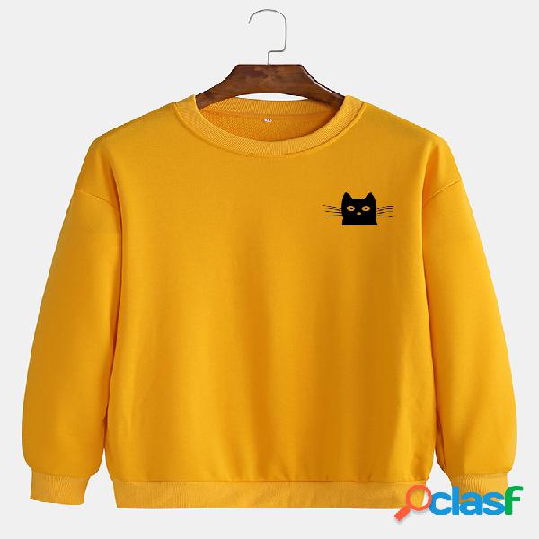 Mens Cute Black Gato Color sólido Simple Casual Pullover