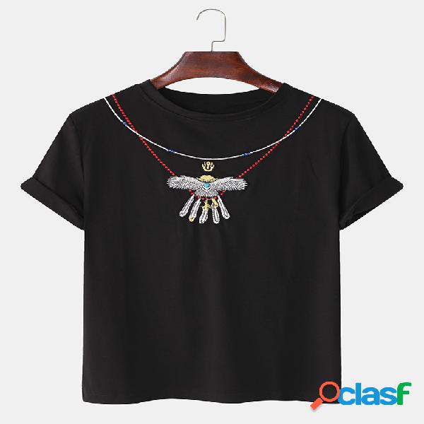 Mens Designer Tribe Style Embroidery Loose Round Cuello
