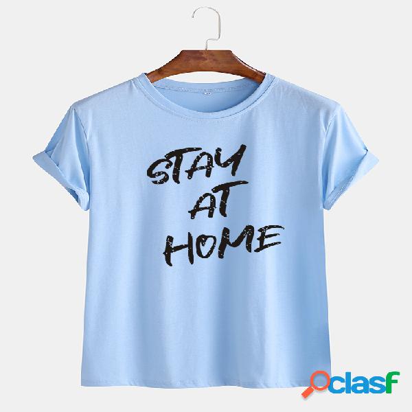 Mens Stay At Home Slogan Cotton Casual Round Cuello