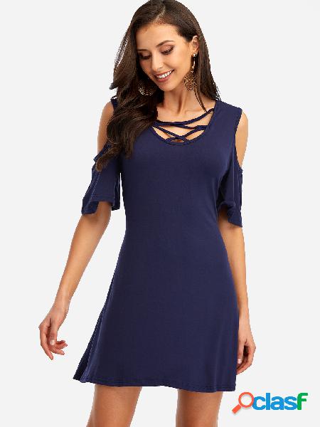 Mini vestido azul marino con cuello en V y hombros