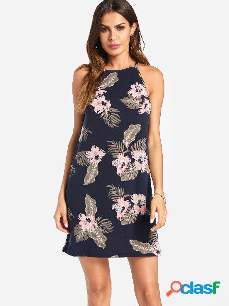 Mini vestido de moda sin mangas con estampado floral al azar