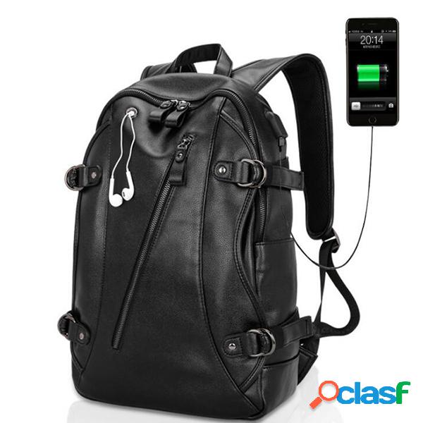 Mochila de cuero PU Casual Travel Impermeable USB externo