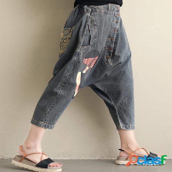 Mujer Botón algodón estampado Jeans con bolsillo