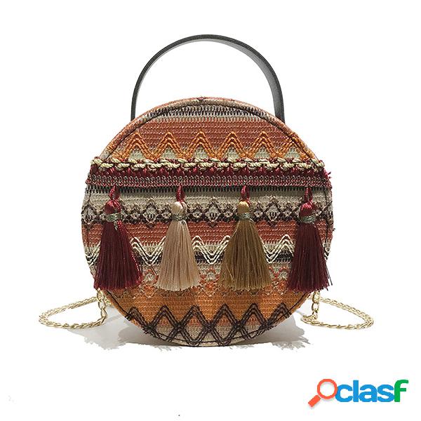 Mujer Hombro Bolsa de borla redonda de estilo nacional de