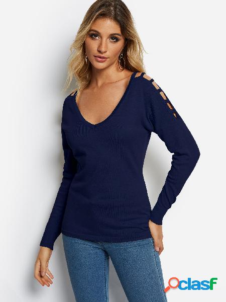 Navy V-neck Long Sleeves Cut-out Design Sweater