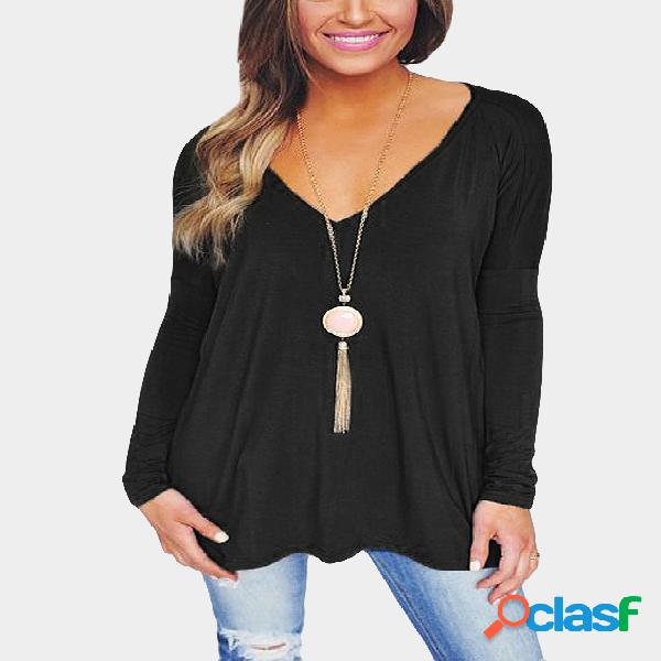 Negro Causal V-cuello de manga larga T-shirt