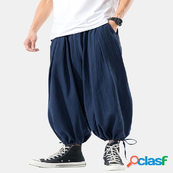 Pantalones bombachos anudados sueltos de lino de algodón de