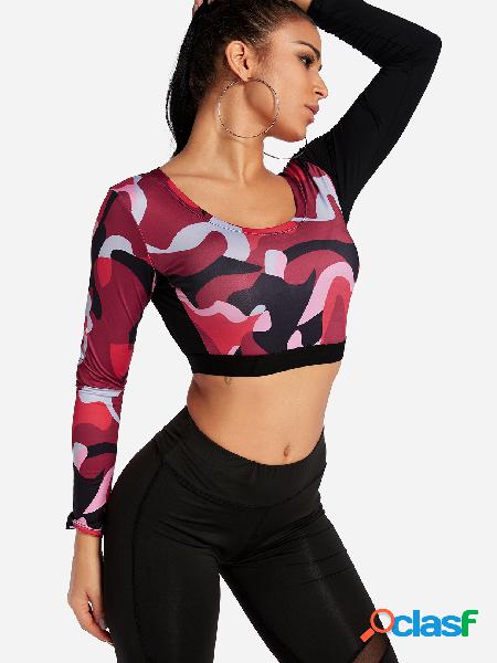 Red Camouflage Round Neck Long Sleeves Camisetas