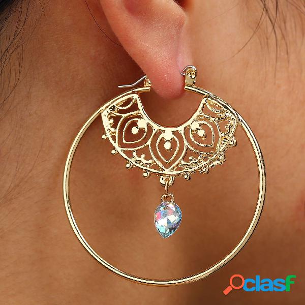 Retro Hallow Big Round Pendientes Rhinestone Gold Oreja Drop