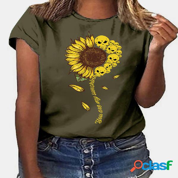 Sunflower Cráneo Camiseta estampada de manga corta para