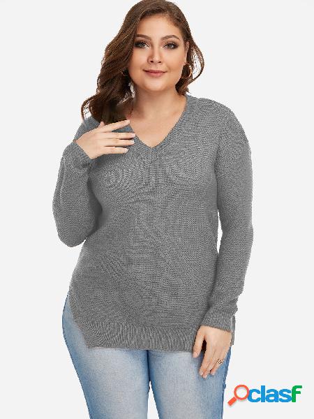 Suéter de punto con dobladillo gris liso y talla grande